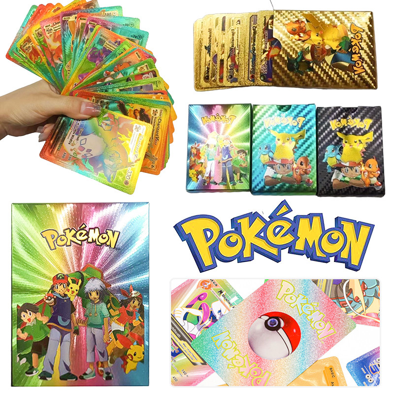 การ์ด Pokemon English Ver Pikachu Charizard ฟอยล์สีทองสีเงิน Vmax GX Energy การ์ดเกมของเล่น