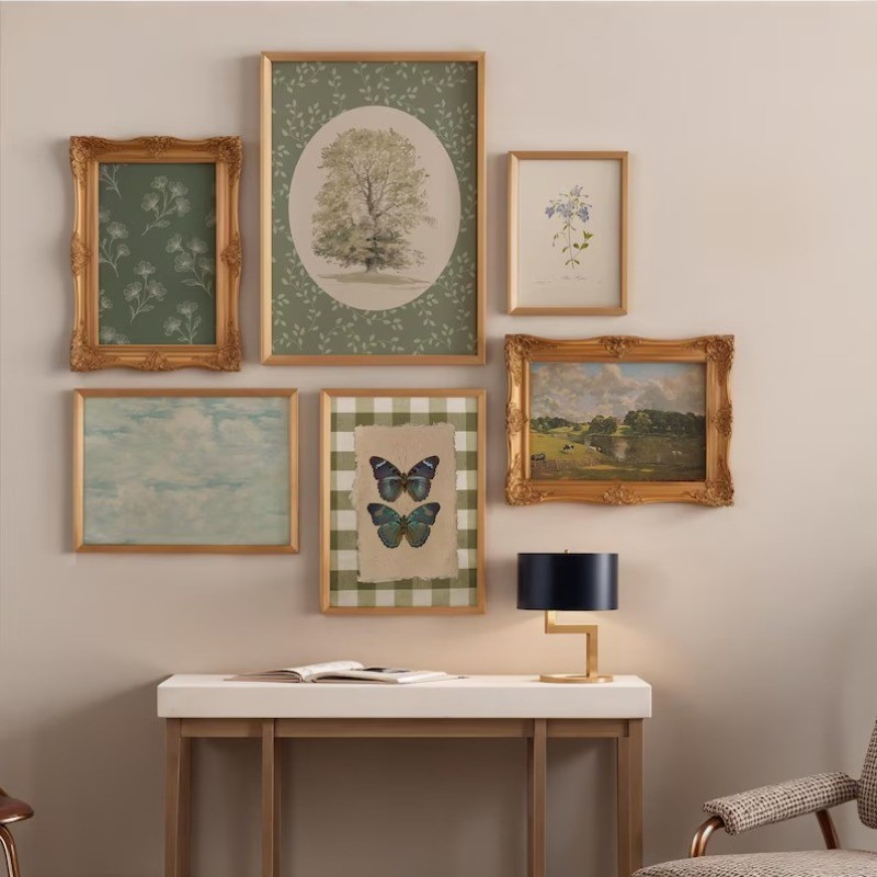 Vintage Sage Green Botanical Butterfly Cozy Farm ภูมิทัศน์ Cloudy Sky โปสเตอร์ผ้าใบภาพวาดภาพ