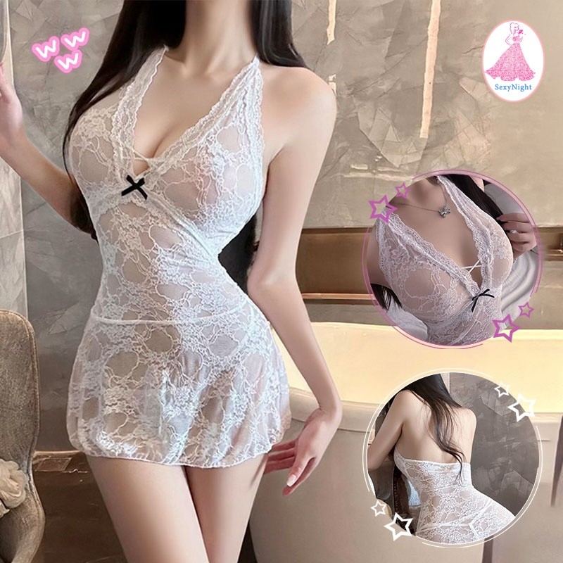 SexyNight ดำ/ขาว เซ็กซี่ ผ้าทูลล์ dress ชุดเดรสเปิดหลัง ลูกไม้แจ็กการ์ด คอวีลึก ผูกคอ เซ็กซี่และมีเสน่ห์