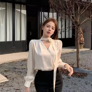 เสื้อเชิ้ตผู้หญิงแขนยาวผ้าซาติน คอวี แต่งริบบิ้นคอเสื้อสีชมพู เหมาะสำหรับสวมใส่ในฤดูใบไม้ผลิและฤดูใบไม้ร่วง#99265