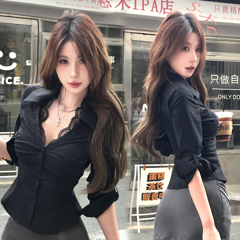 99336  เสื้อแขนยาวเซ็กซี่สำหรับผู้หญิง แต่งลูกไม้ คอวี ดีไซน์เข้ารูปช่วงเอว เสื้อสีขาว สไตล์สาวออฟฟิศมืออาชีพ