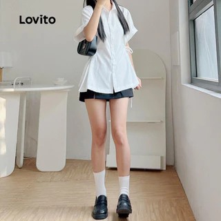 Lovito แคชชวล เสื้อเบลาส์สีขาวฤดูใบไม้ผลิ/ฤดูร้อนผูกเชือกลําลองสําหรับผู้หญิง เกาหลี อินเทรนด์ L136AD094