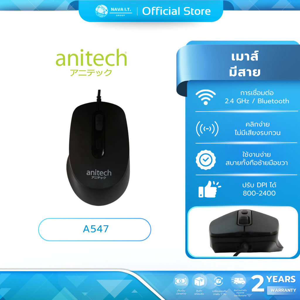 (มีส่งด่วน) ANITECH A547 WIRED MOUSE SILENT CLICK รับประกัน 2 ปี