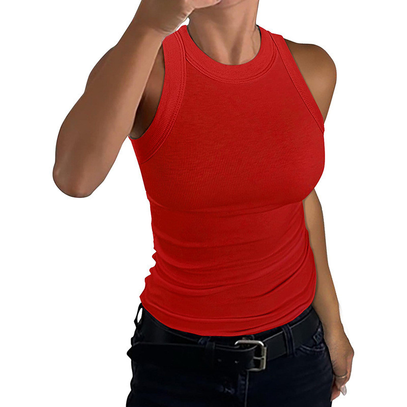 2024 ผู้หญิง Ribbed เสื้อกั๊กขนาดเล็กรอบคอ Slim-fit I-shaped เสื้อกั๊กผู้หญิง 63p19