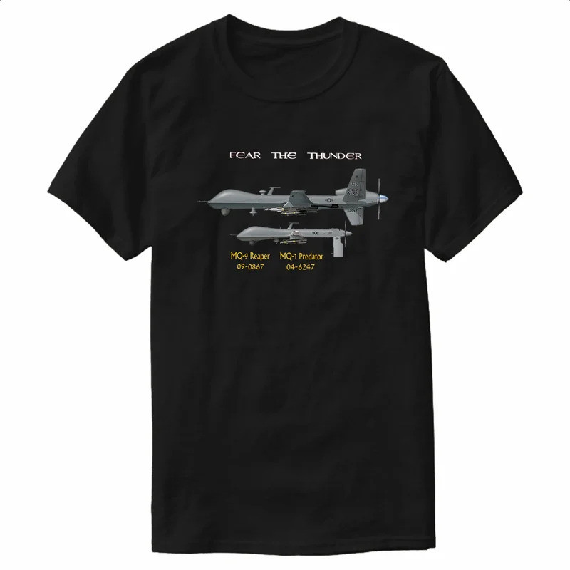 เสื้อยืด Fear The Thunder MQ-9 Reaper MQ-1 Predator UAV ผ้าฝ้าย 100% คอกลม แขนสั้น เสื้อยืดลำลองสำหร