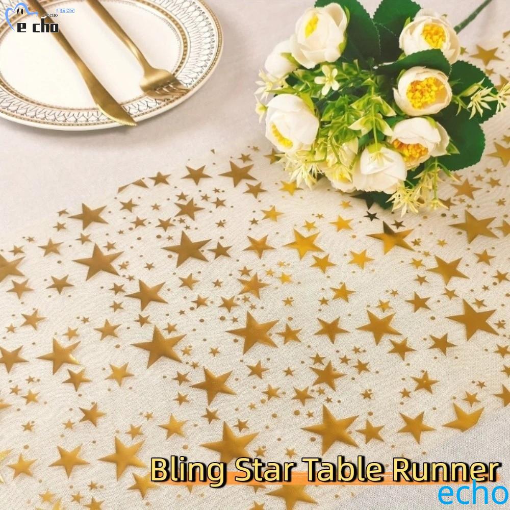 PIVOT Bling Star Table Runner, Sheer Mesh Star Pattern Mesh Table Runner, Table Flag Cover Shimmery 