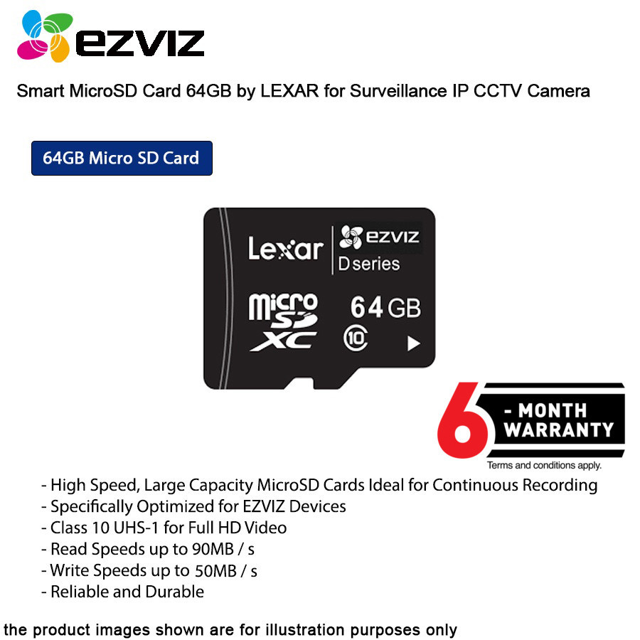 การ์ด MicroSD อัจฉริยะ EZVIZ 64GB โดย LEXAR สําหรับกล้องวงจรปิด IP การเฝ้าระวัง CS-CMT-CART64G-D