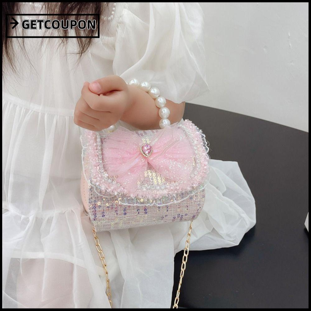กระเป๋าสะพายมินิหนัง Faux Pearl Handle สไตล์เจ้าหญิงสำหรับเด็กเล็ก