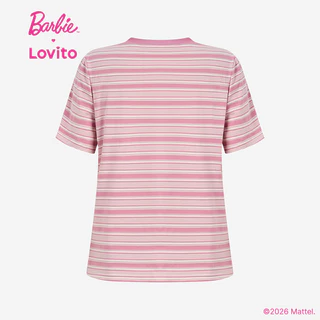 Barbie™ X Lovito แคชชวล เสื้อยืดลำลองแขนสั้นน่ารัก ผ้าฝ้าย 100% สีชมพูตัดกัน สำหรับฤดูใบไม้ผลิ/ฤดูร้อน สำหรับผู้หญิง เกาหลี อินเทรนด์ LB1AD015