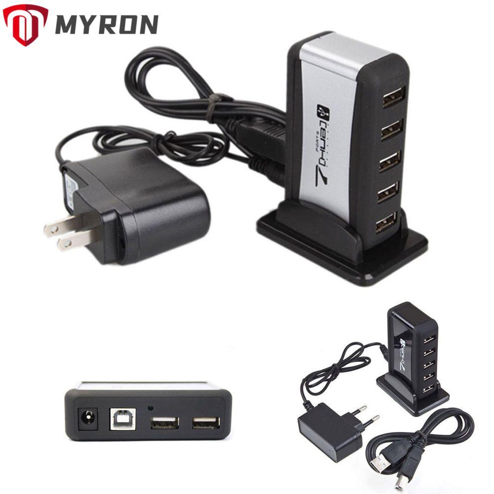 MYRON USB 2.0 HUB Stand Dock 7 พอร์ต Hub 7 พอร์ตขั้วต่อแบบพกพา EU US ปลั๊ก AC Power