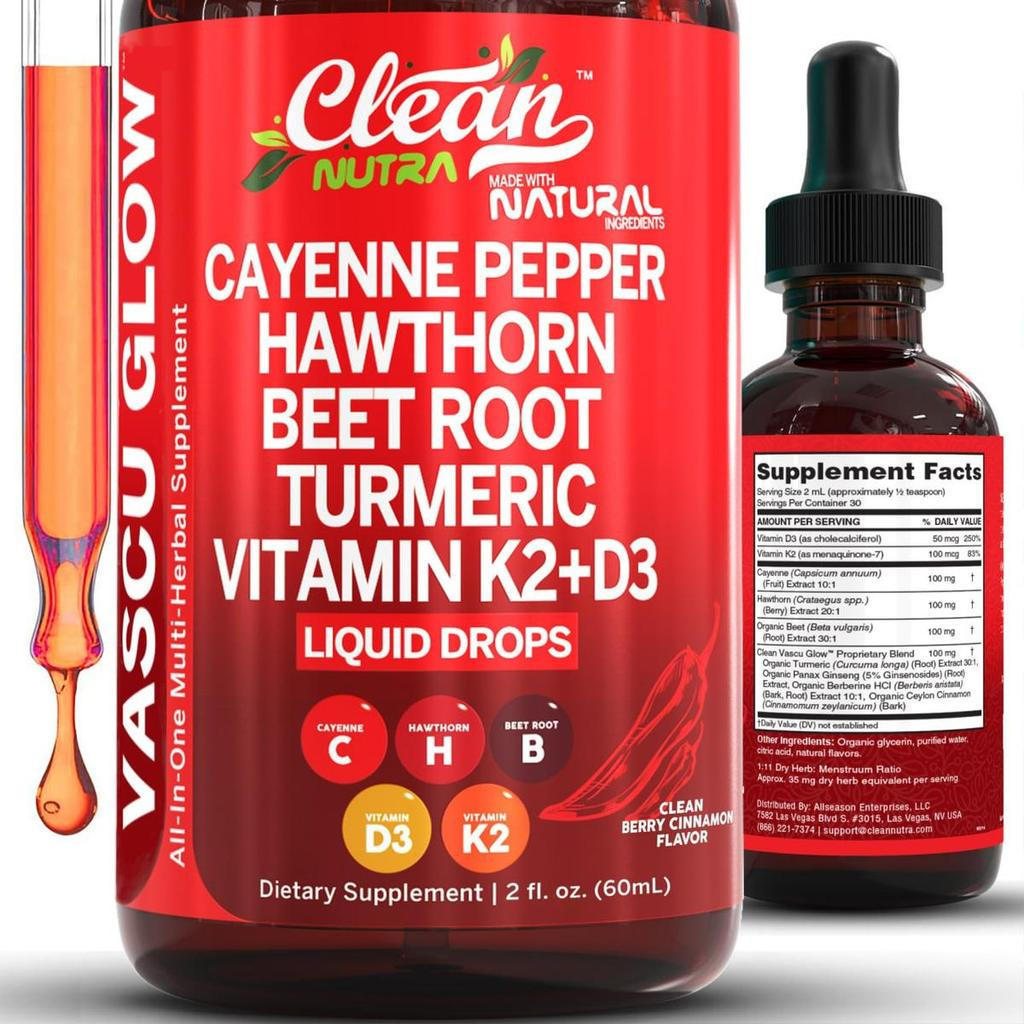 Clean Nutra Cayenne Pepper, Hawthorn, Beet Root, Turmeric, วิตามิน D3 K2 & More for Wellness Liquid 