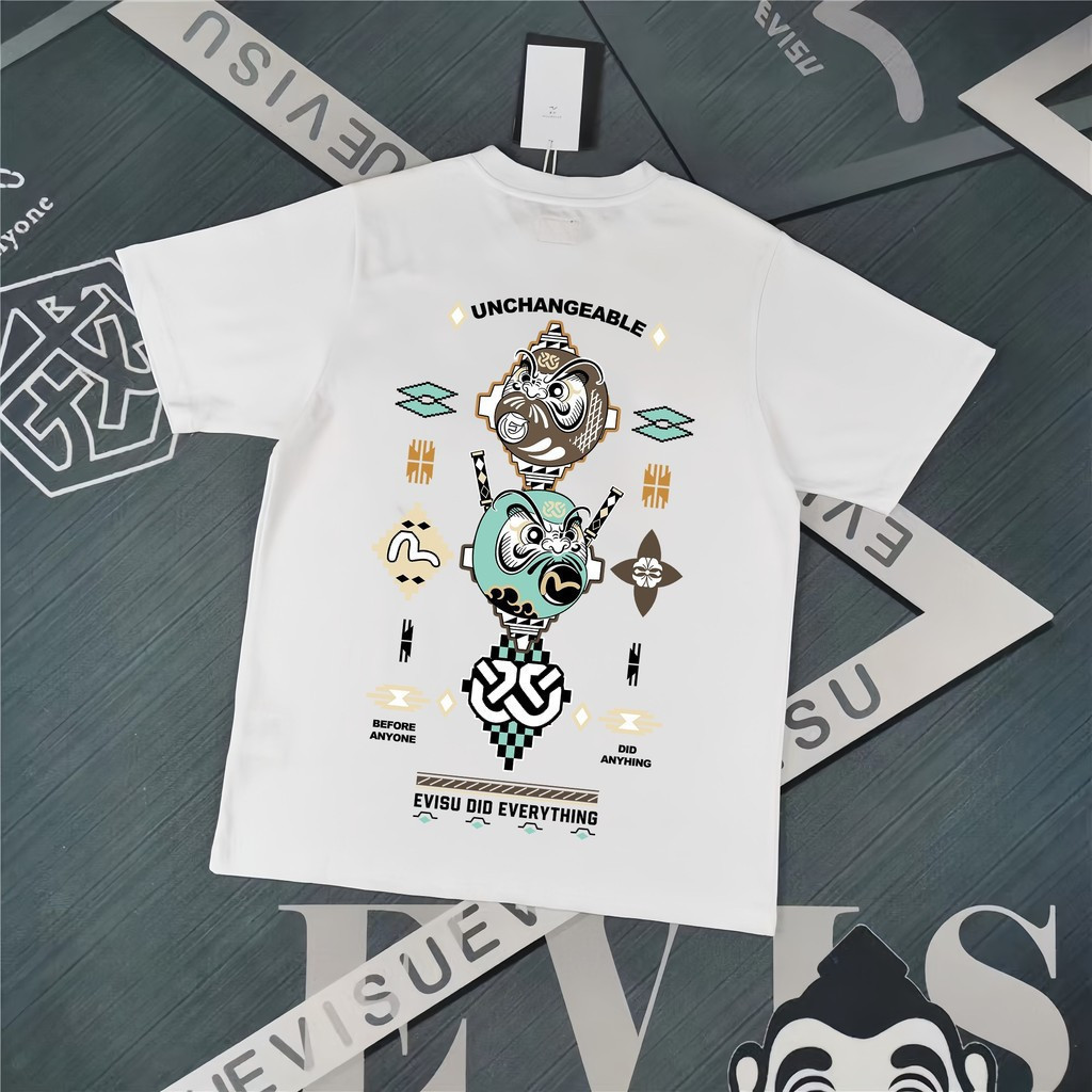 Evisu/God of Fortune 2026 เสื้อยืดคอกลมแขนสั้นสไตล์คู่ผู้ชายรอบคอสบายๆโลโก้ขนาดใหญ่พิมพ์ Raglan แขนส