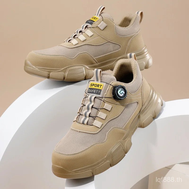 ฤดูร้อนผู้ชายรองเท้านิรภัยระบายอากาศทํางานรองเท้าผ้าใบรองเท้าหัวเหล็กปุ่มหมุนรองเท้าทําลายรองเท้าป้อ