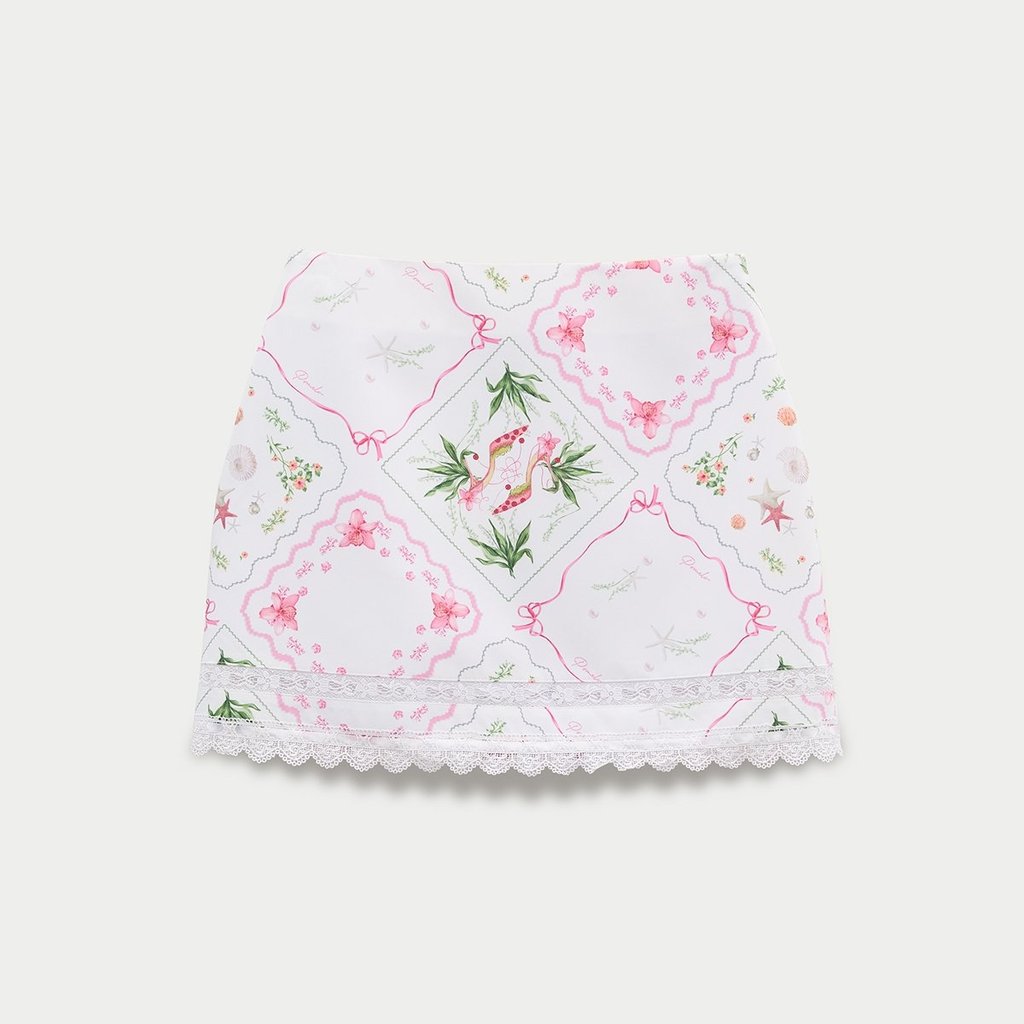 [Pomelo] กระโปรงสั้นทรงเอพิมพ์ลายกราฟิกดอกไม้ / High Waist A-Line Mini Skirt Scallop Border Print