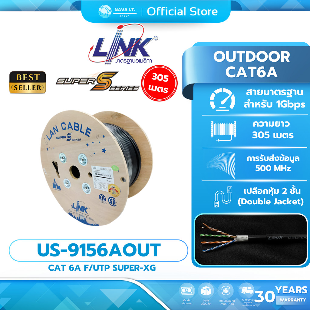 LINK US-9156AOUT LAN CABLECAT 6A UTP SUPER-S OUTDOOR (DOUBLE JACKET) 305 M/ROLL รับประกัน 30 ปี