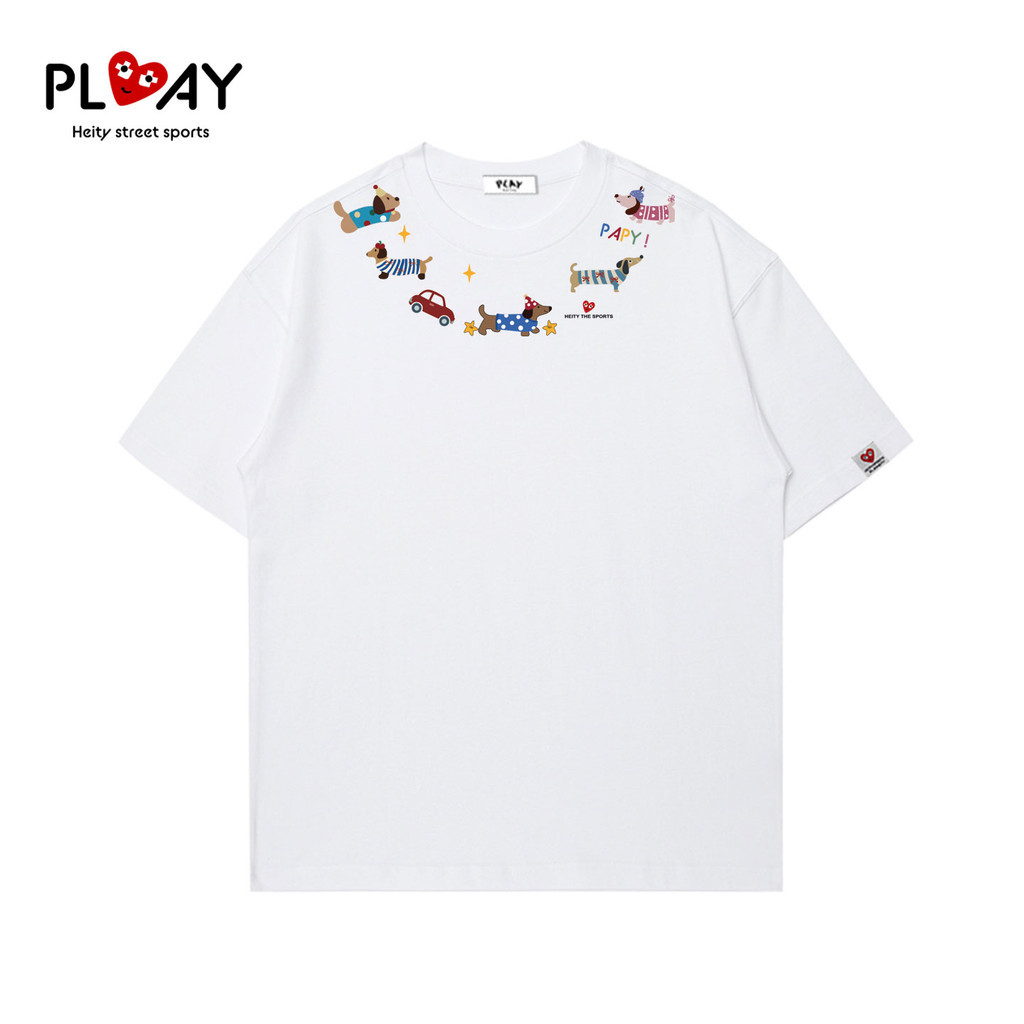 C CDG PLAY แขนสั้นผ้าฝ้ายคอสุนัขน่ารักพิมพ์ลายคอกลม Joker เสื้อยืด