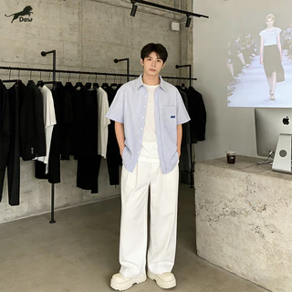DAW เสื้อเชิ้ตลายทาง สีฟ้า เสื้อเชิ้ตแขนสั้น กระดุมแถวเดียว มีกระเป๋า สไตล์เกาหลี สบายๆ หลวมสบาย บาง ฤดูร้อน unisex