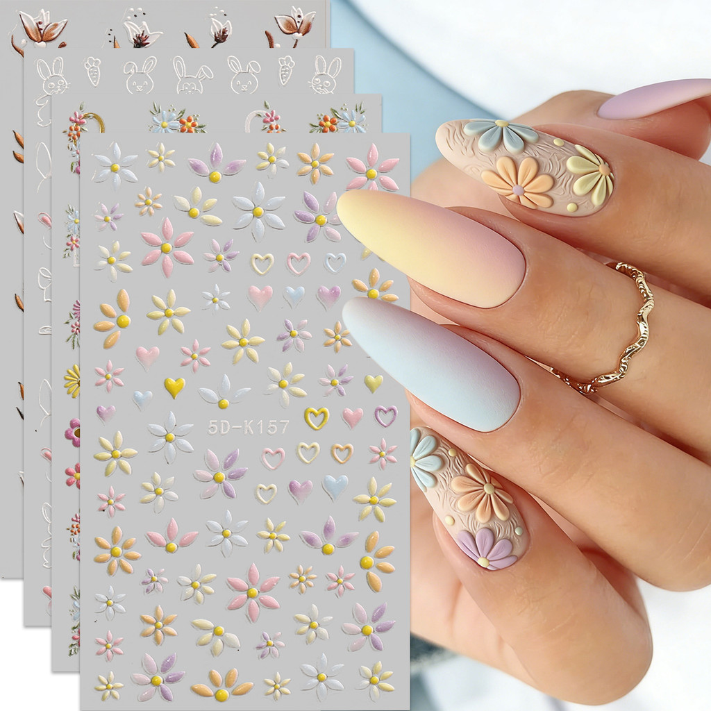 HAMA 5D นูนสติกเกอร์เล็บน่ารักการ์ตูนกระต่ายหมีหัวใจดอกไม้เล็บ Decals สําหรับเล็บ DIY
