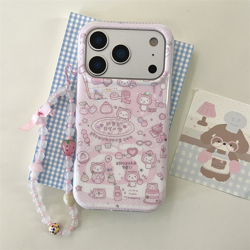 สําหรับiPhone 17 15 13 14 16 pro MaxกรณีInsน่ารักสาวหัวใจสตรอเบอร์รี่สีชมพูSwiss Rollลูกแมวภาพประกอบ