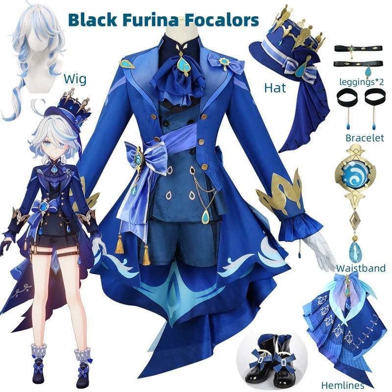 Furina คอสเพลย์เครื่องแต่งกายวิกผมผม Impact Fontaine Focalors กับหมวกสีดําชุดรองเท้าส้นสูงคอสเพลย์รอ