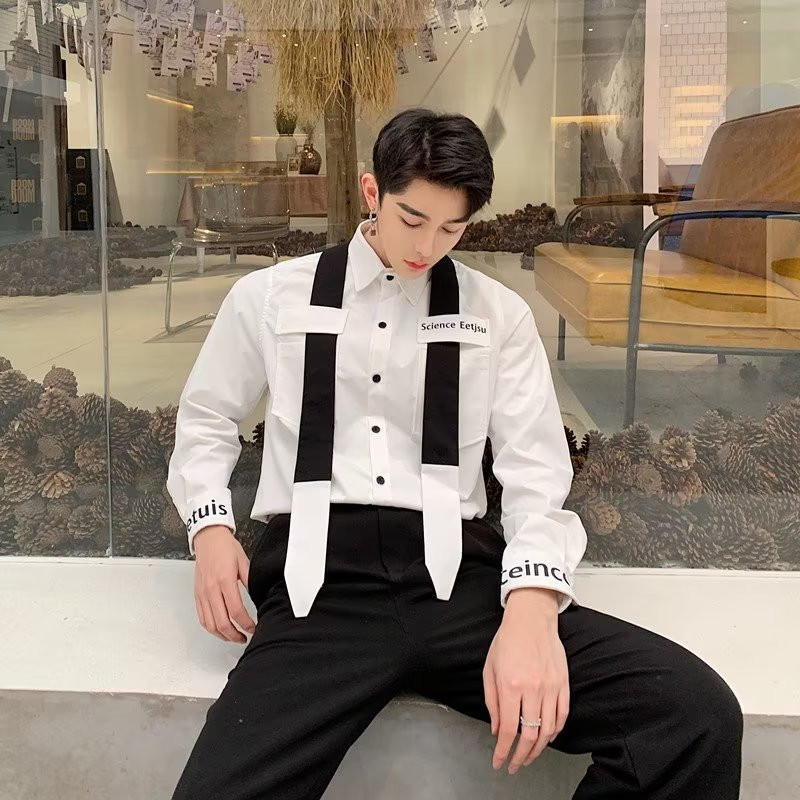 เสื้อเชิ้ตแขนยาวพิมพ์ลายตัวอักษร สไตล์เกาหลี ทรงหลวม