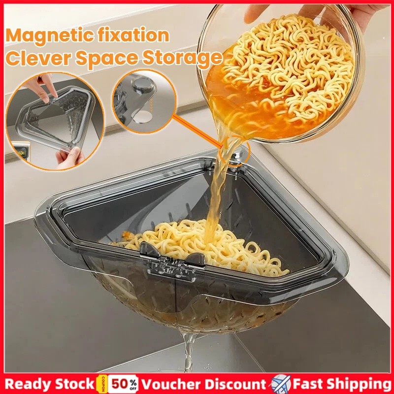 [พร้อมสต็อก] แม่เหล็กสามเหลี่ยมอ่างล้างจานตะกร้ากรองอาหารจับและตะกร้าท่อระบายน้ําสําหรับผลไม้ผักเศษ,มุมครัวอ่างล้างจานจัด