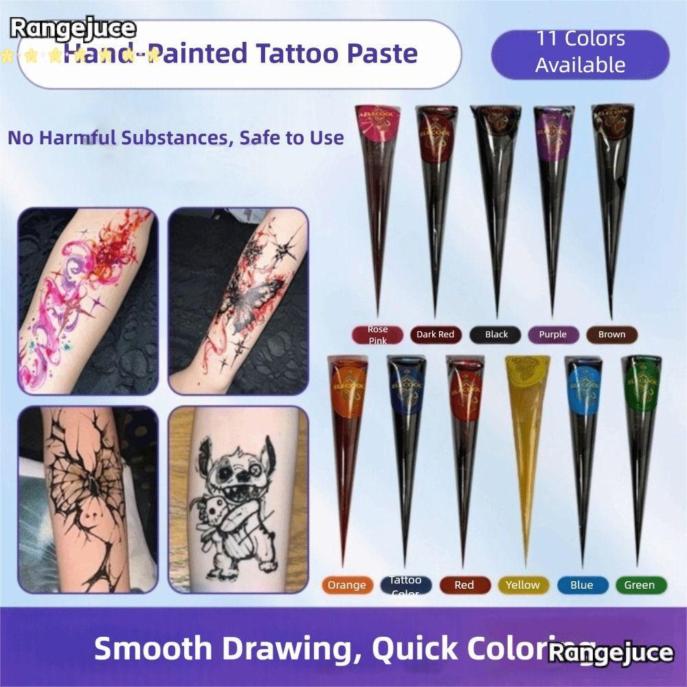 RANGEJUCE Henna Tattoo Cream, สีดําสีน้ําตาลกึ่งถาวร Henna Paste Cone, Henna Tattoo ครีมชั่วคราวใช้ง
