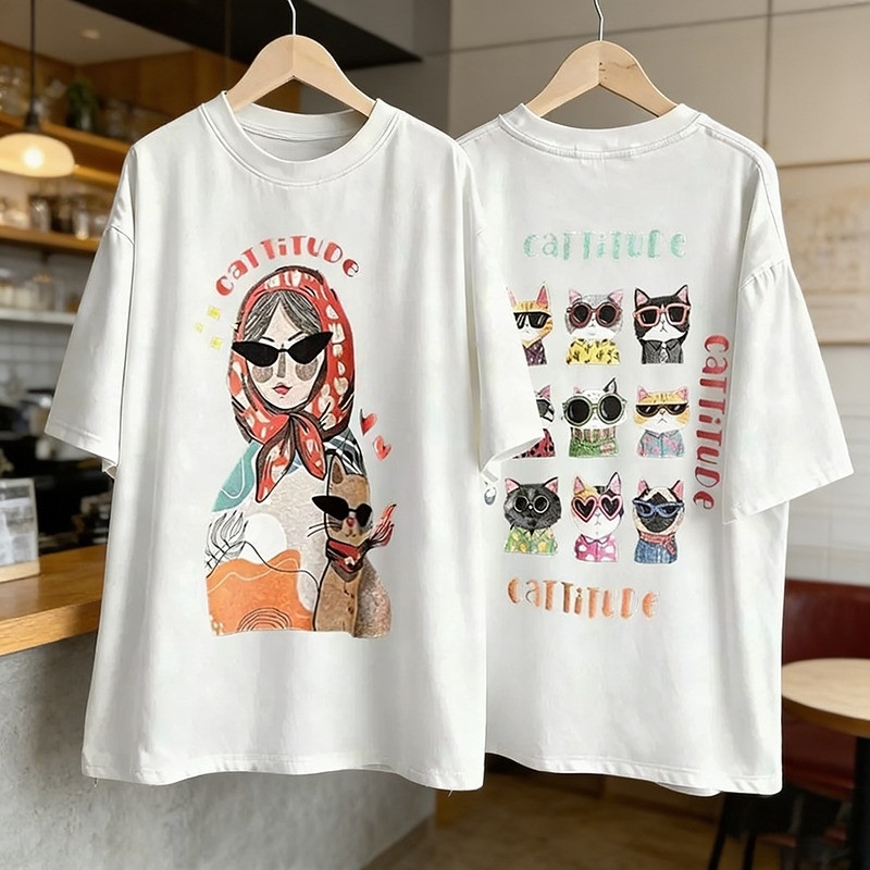BOOM [COD] เสื้อยืด oversize cotton เสื้อแฟชั่น คอกลม แขนสั้น พิมพ์ลาย 'CATTITUDE'สไตล์ลำลอง ใส่สบาย S-3XL
