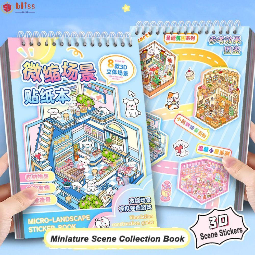 BLLISS Cabin Scene Pocket Sticker, Miniature House Cartoon Landscape Sticker Book, Creative DIY PET 