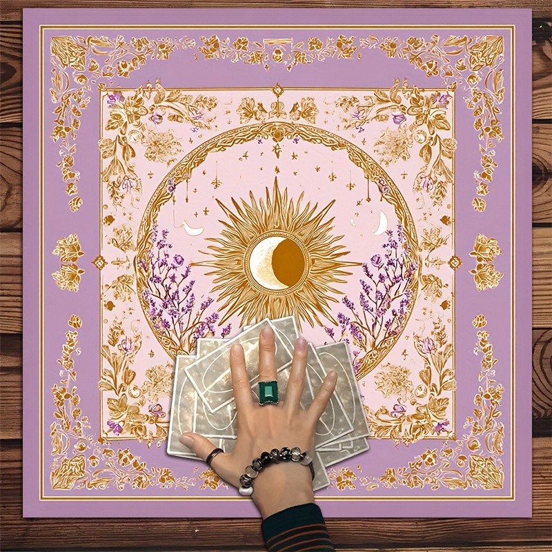 ลาเวนเดอร์ดอกไม้ทอง Sun & Moon ตารางแท่นบูชาผ้า Mystical Celestial Tarot อ่าน 2D แบนสําหรับ Witchy Bohemian Home Decor