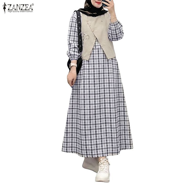 ZANZEA ใส่ ซานเซีย ผู้หญิงมุสลิมทุกวันรอบคอแขนยาวลายสก๊อต-ปานามา ฉ ถึง ชุดสองชิ้น