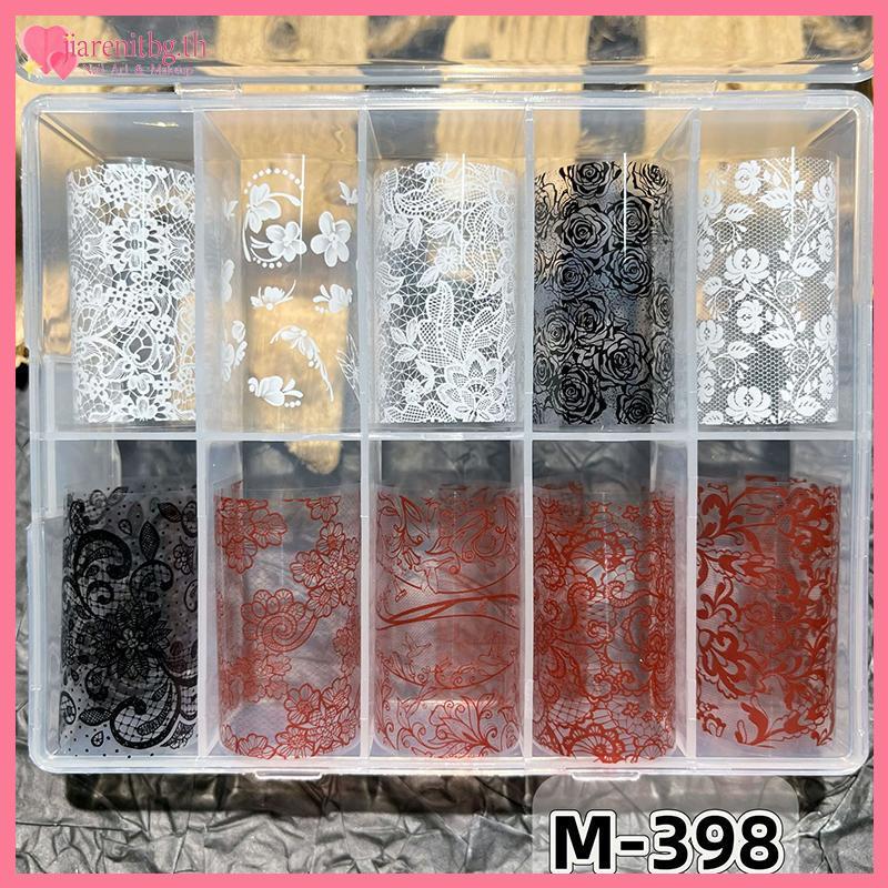 RENBG 10 ม้วนเล็บฟอยล์ Bla สีขาวสีแดงลูกไม้ดอกไม้เล็บ Stiers ชุดสําหรับ DIY เล็บเล็บ Charms อุปกรณ์เสริมชุด TH