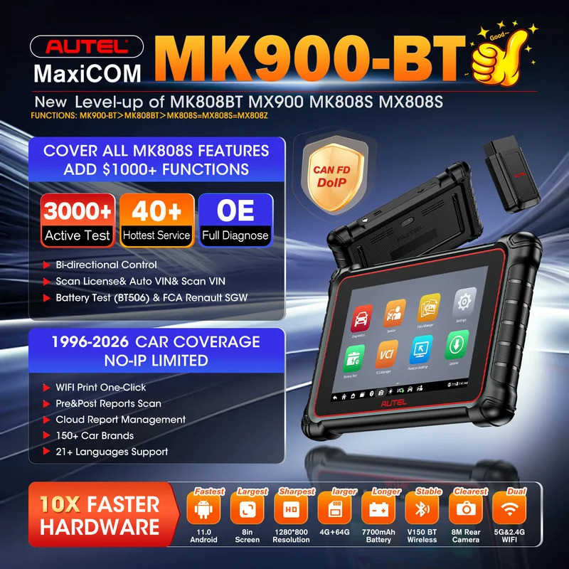 Autel MaxiCOM MK900 BT MK900BT 8 นิ้วเครื่องมือวินิจฉัยรถยนต์ 40 + บริการ CAN FD DOIP OBD2 เครื่องสแ