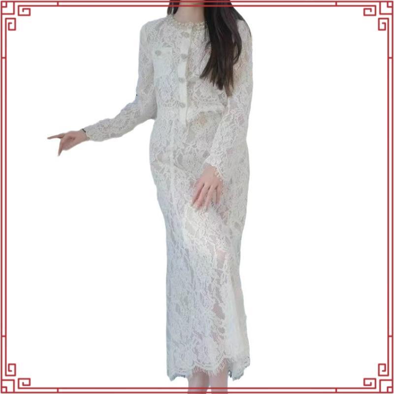 Bliss Shop ชุดเดรสลูกไม้ดีไซน์คอมุกและกระโปรงหางปลาเรียบหรู S288