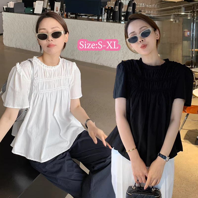 Baby Grape เสื้อเชิ้ตแขนพองผู้หญิง แขนสั้น เสื้อทรงหลวม ลำลอง ลูกไม้ ระบาย สไตล์เกาหลี#W628