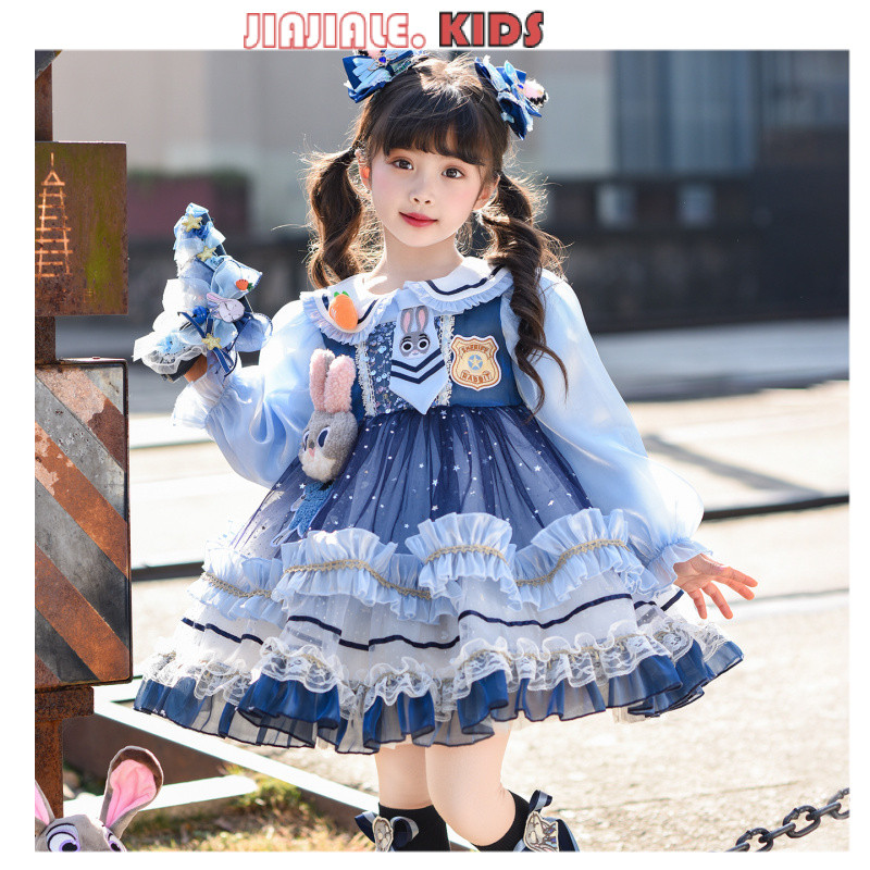 2-12yrs Kids 3D Judy Hopps 9 ชิ้น | ชุดเดรสโลลิต้าแขนยาว 3D Bunny Cop พร้อมอุปกรณ์เสริม คอสเพลย์ Ens
