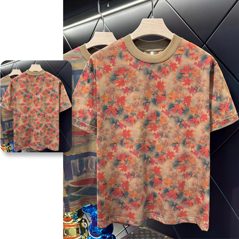 เสื้อยืดแขนสั้นผู้ชาย สไตล์อเมริกันย้อนยุคลายเมเปิ้ล จาก SUIKONE สวมใส่สบาย