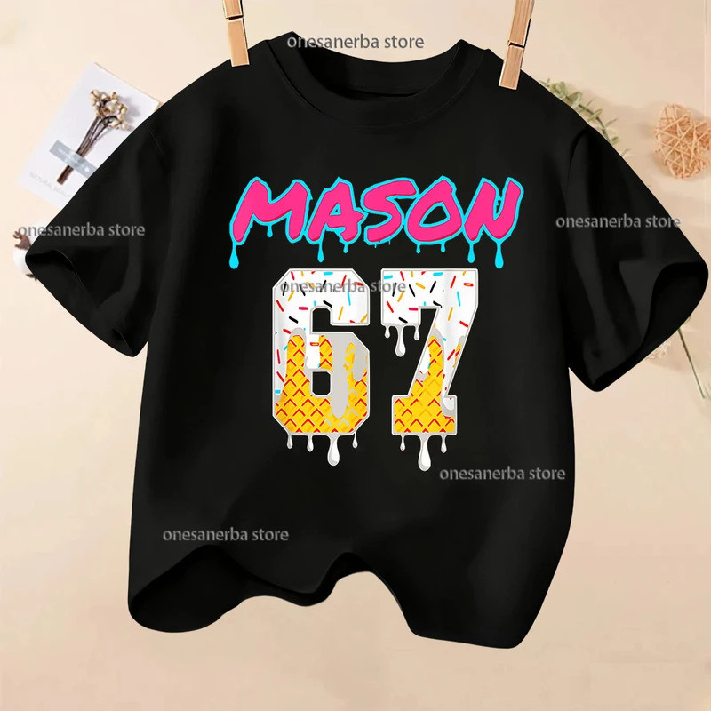 เสื้อยืดเด็กผู้ชายลายพิมพ์ "67 Six Seven Math Joke Funny Mason" คอกลม ผ้าฝ้ายสวมใส่สบาย สไตล์ลำลอง