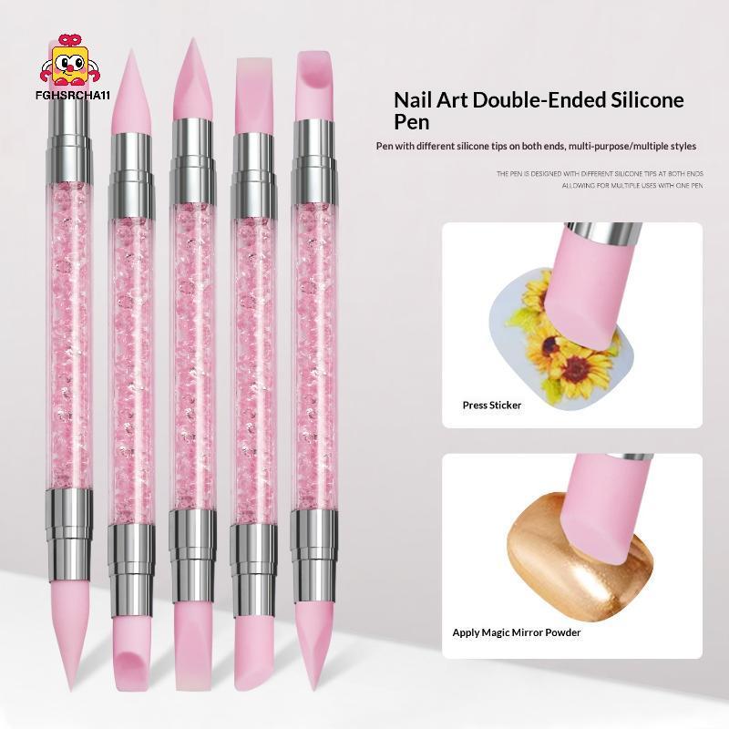 FG 5 ชิ้น/เซ็ตสีชมพู Dual Ended ประติมากรรมปากกาเล็บแปรง Rhinestone Nail Art ปากกาซิลิโคน 3D ดอกไม้แกะสลัก Dotting เล็บเครื่องมือ HS