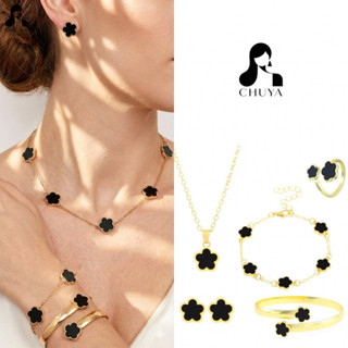 Chuya แฟชั่น 5 ชิ้นในเซ็ต 18K Gold Black Clover Leaf ดอกไม้ …