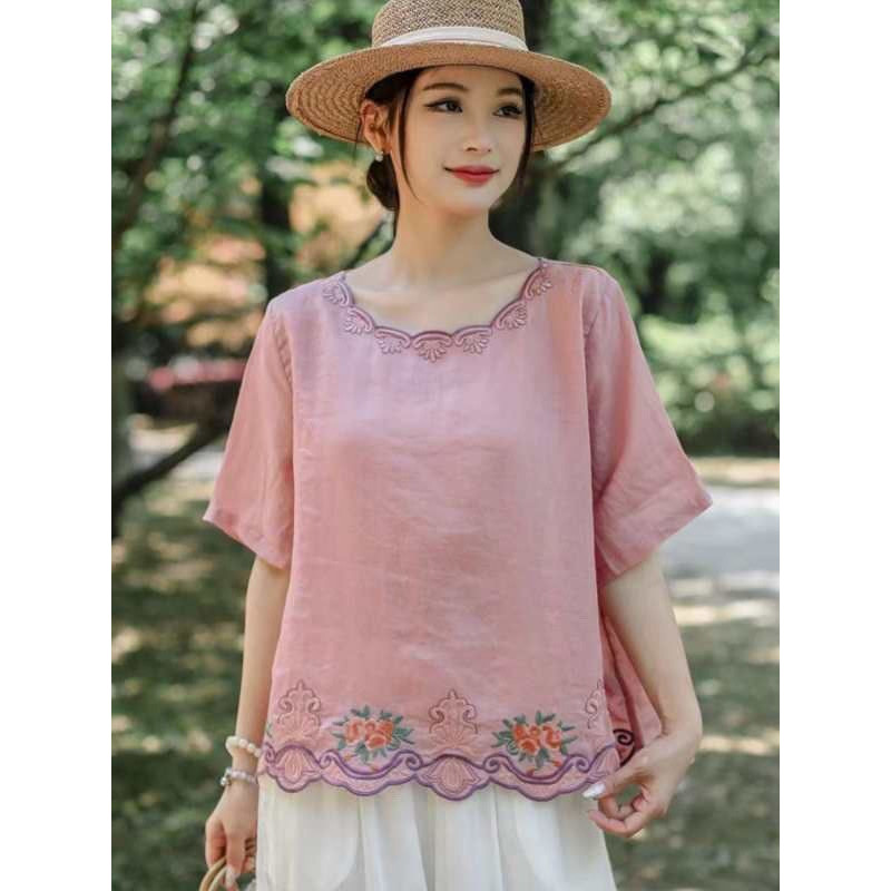 เกาหลีร้อยเย็บปักถักร้อยวรรณกรรมหลวมผ้าฝ้ายผ้าลินิน ทวิ ลําลองแขนสั้นบางสไตล์สไตล์ใหม่สไตล์ย้อนยุครอ