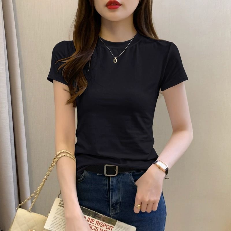เสื้อ t ผู้หญิงแขนเสื้อเกาหลี Top Slim-fit สีดําดู tw เสื้อยืดสไตล์ใหม่ครึ่งรอบคอ 2024 ฤดูร้อนบางผ้า
