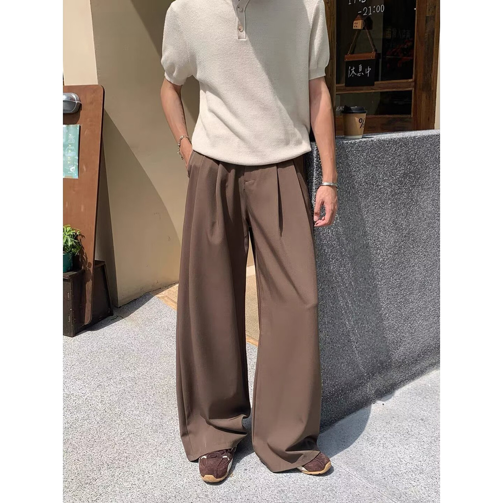 กางเกงสูทผู้ชาย สไตล์เกาหลี ขากว้างต่อต้านริ้วรอยผ้าม่านหลวมออกแบบลําลอง