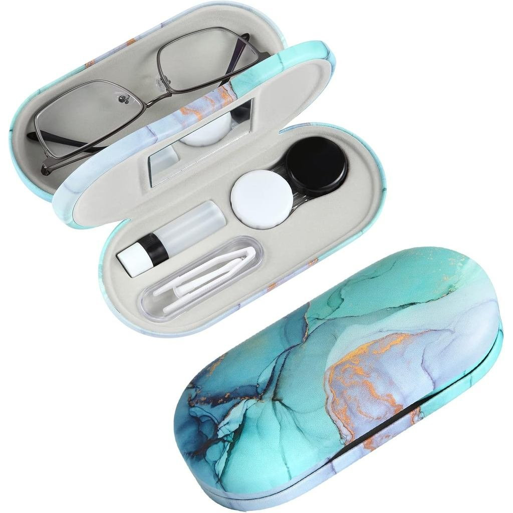 AITIME 2 in 1 คอนแทคเลนส์และแว่นตาแบบพกพาสองด้าน, Marbling, มัลติฟังก์ชั่น, ทนทาน, ขนาดกะทัดรัด, ชุด