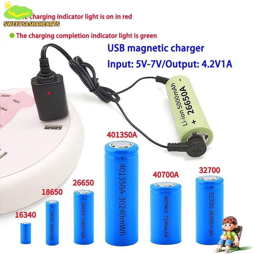 SWEE 1 ชิ้นแบตเตอรี่ชาร์จ,แม่เหล็ก USB แบตเตอรี่ลิเธียม Charger,ทนทาน Universal 3.7V 4.2V USB Magnetic Charger สําหรับ 18650 16340 26650 แบตเตอรี่