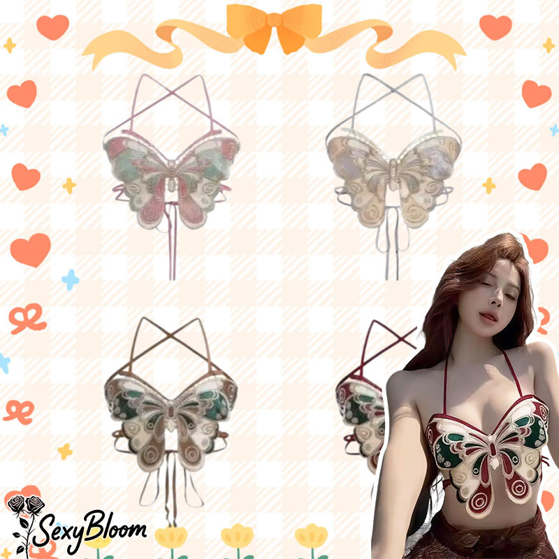 🌹Sexy Bloom🌹เสื้อครอปแขนกุด 🩷 เสื้อแฟชั่น❤️ เสื้อเซ็กซี่ 💜 คล้องคอ🤎ปักลายผีเสื้อสีสันสดใส เปลือยหลังสุดแซ่บ