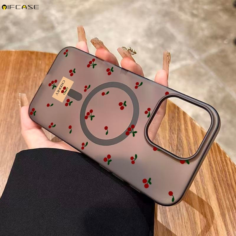 สําหรับ OPPO ค้นหา X9 X8S Plus X7 Ultra X6 Pro FindX9 5G 4G เคสโทรศัพท์แม่เหล็กดึงดูดน่ารักเชอร์รี่ผลไม้ป้าย Frosted Simple สีดําสีขาวโปร่งแสง Hard PC ปลอกกรณีฝาครอบ