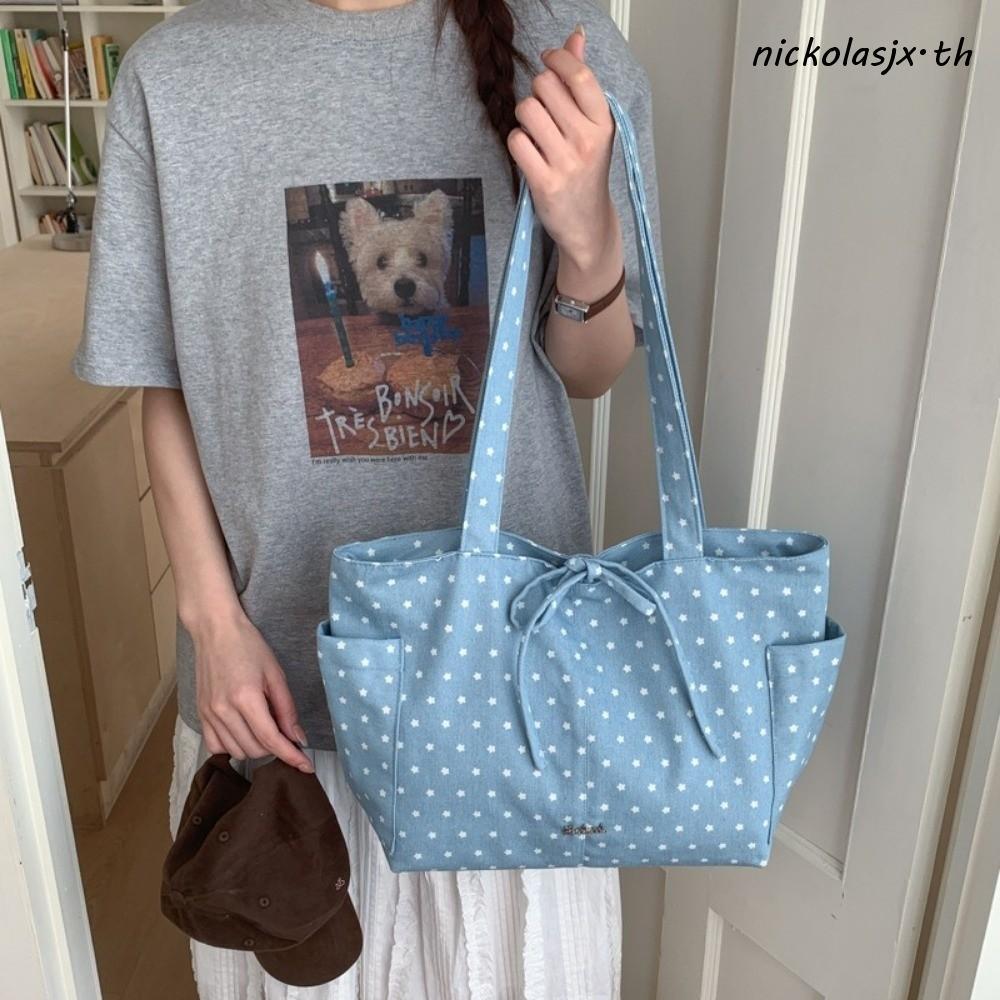 NICKOLAS กระเป๋าสะพายลายจุด,สไตล์เกาหลีความจุขนาดใหญ่ Bow Tote Bag,อเนกประสงค์ Casual Star Element ผ