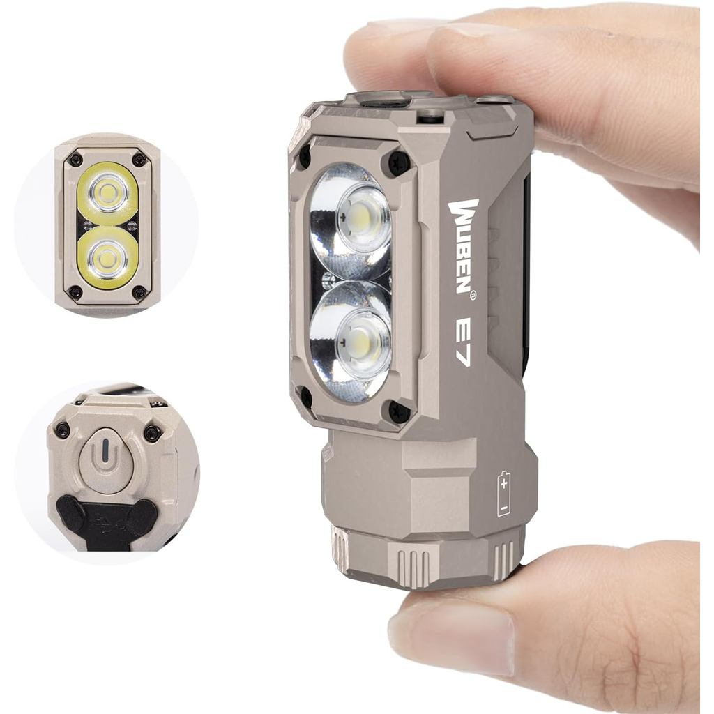 WUBEN E7 1800 Lumen ไฟฉายขนาดเล็กแบบชาร์จไฟได้พร้อมแม่เหล็ก - Super Bright 6 โหมดไฟฉาย EDC สีกากี, T