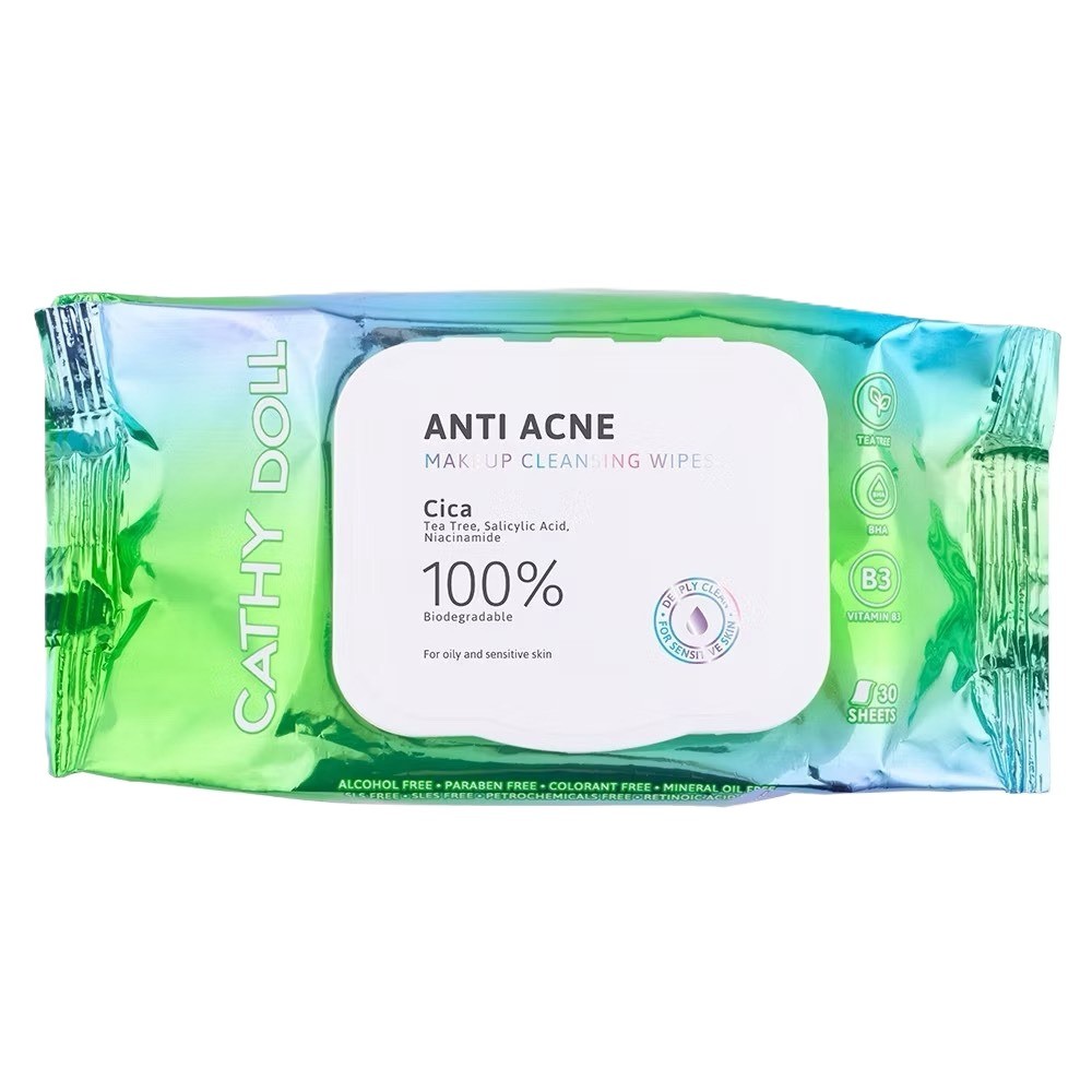 Cathy Doll Anti Acne Makeup Cleansing Wipes 30Sheets แอนตี้แอคเน่เมคอัพคลีนซิ่งไวพส์ 30แผ่น ทิชชู่แผ่นเช็ดเครื่องสำอาง